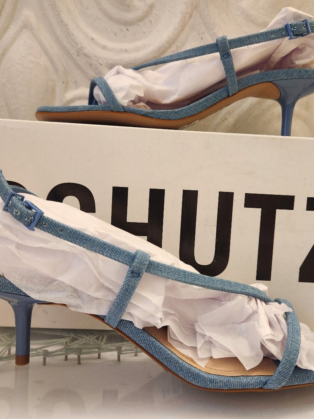 SCHUTZ Light Blue Denim Strappy Kitten Heel Sandals